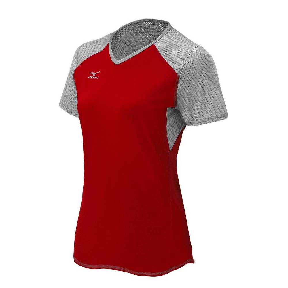 Womens Mizuno Techno VI Short Sleeve Volleyball Jersey Red/Silver/Grey Philippines (YWLEJT583)